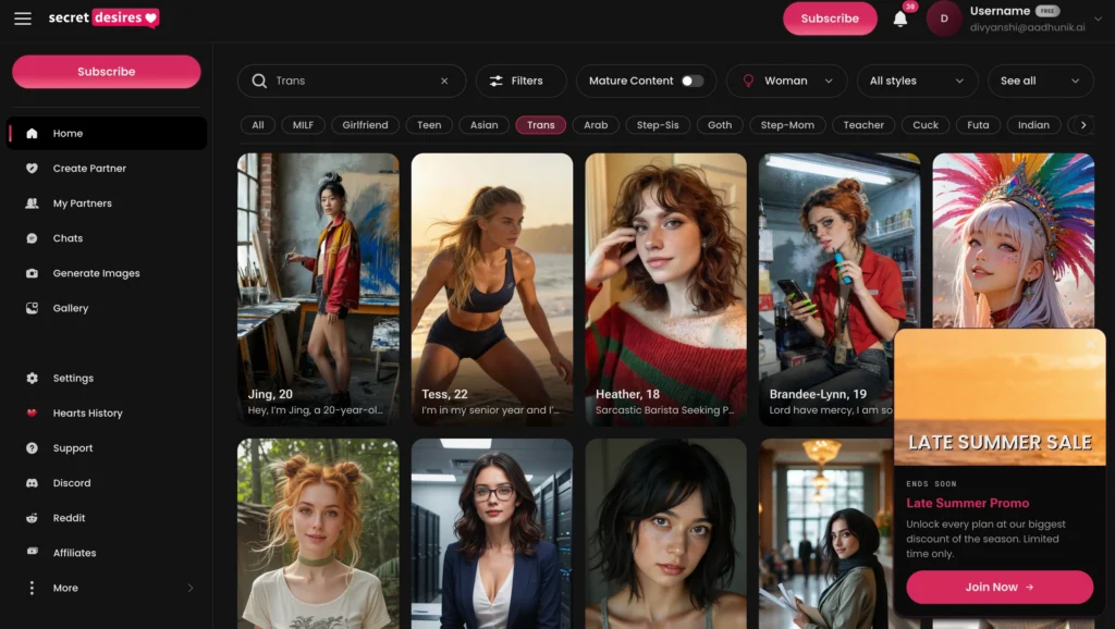 Secret Desires AI character featured on website.