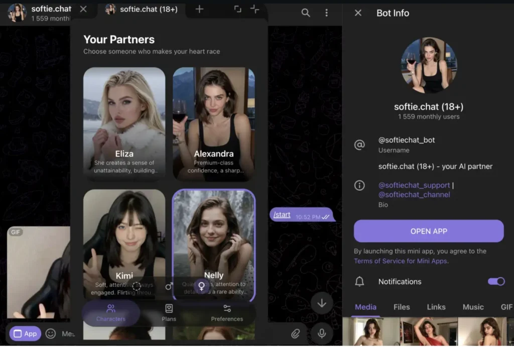 SoftieChat AI Telegram bot showing companion selection.