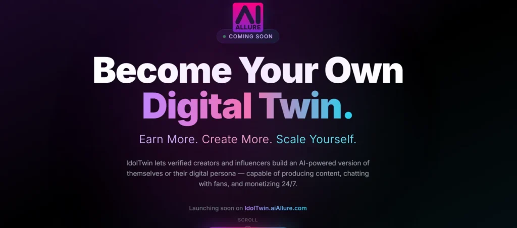 Screenshot of the aiAllure IdolTwin landing page displaying a dark background with bold text reading "Become Your Own Digital Twin" alongside details about AI persona creation and monetization options.