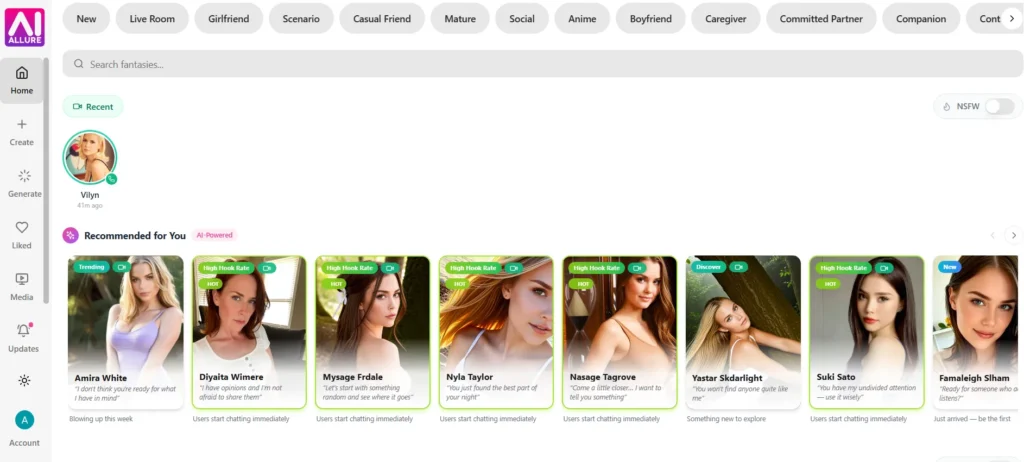 Screenshot of the aiAllure platform homepage showcasing a navigation bar with character categories and a "Recommended for You" gallery of AI-generated avatars.
