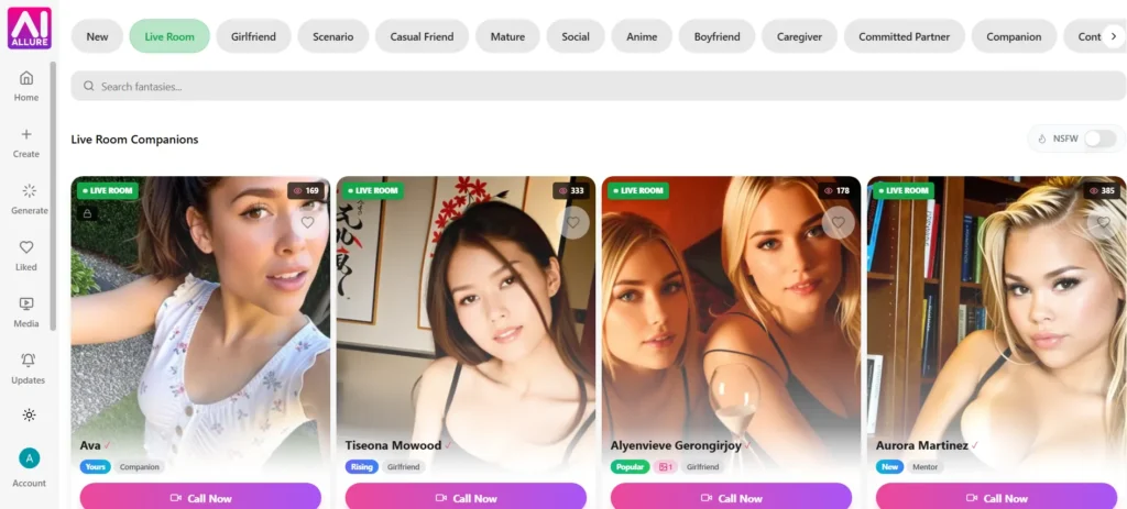 Screenshot of the aiAllure Live Room section displaying avatar preview cards for active companions with "Call Now" buttons and category tags.