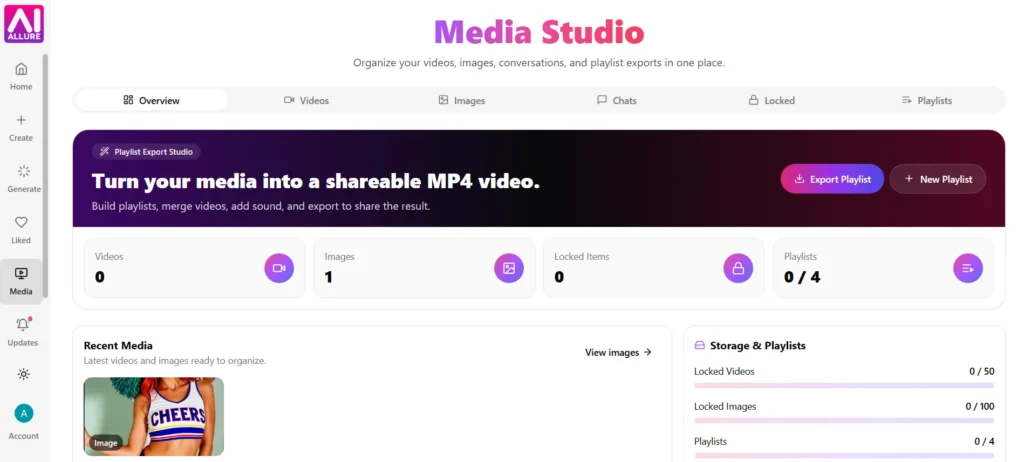 Screenshot of the aiAllure Media Studio interface featuring options to organize media, view storage limits, and export playlists into shareable MP4 videos.