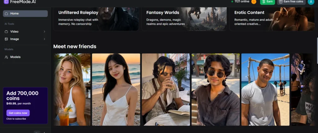Screenshot of the FreeMode.AI Models directory showing featured categories like Unfiltered Roleplay, Fantasy Worlds, and Erotic Content, alongside a "Meet new friends" carousel of diverse AI companion avatars.