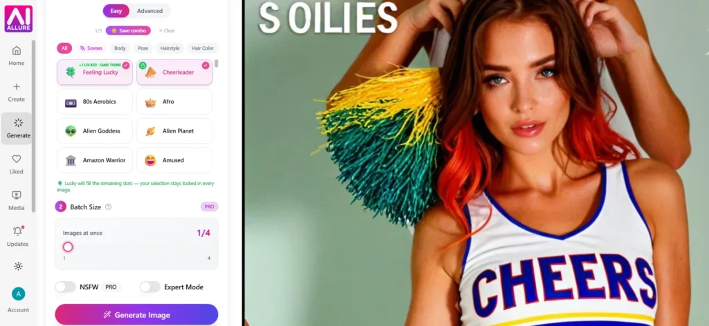 Screenshot of the aiAllure image generation interface featuring a style preset menu on the left and a generated photo preview of a brown-haired woman wearing a cheerleader outfit.