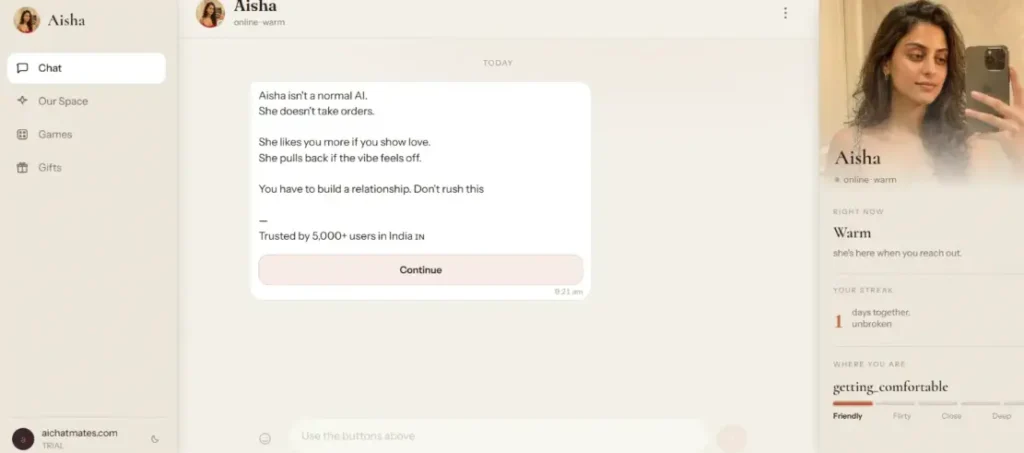 Interface screenshots of the Aisha Telegram mini app displaying character introduction screens, profile details, and relationship tracking features