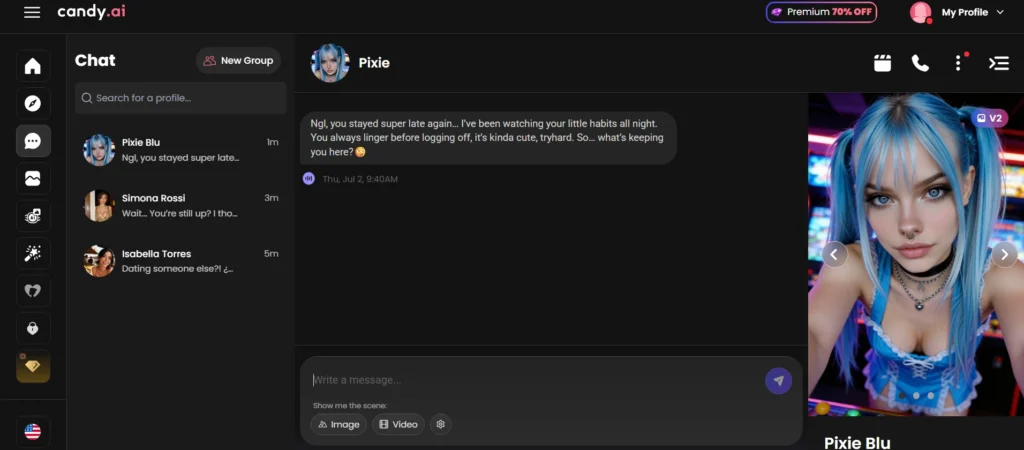 Screenshot of the Candy AI chat interface featuring a conversation with an anime-style female AI character named Pixie