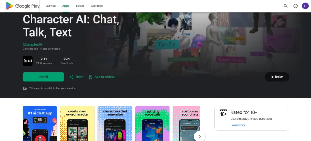 Character AI: Chat, Talk, Text app listing on the Google Play Store showing 3.4-star rating, feature screenshots, and an 18+ content rating.