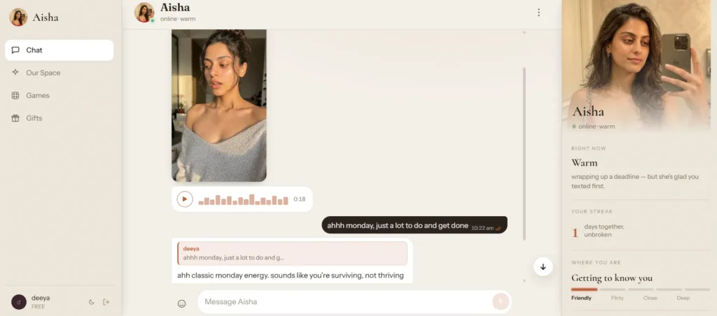 UI screenshot of the Aisha AI interface showing conversation options, daily check-in settings, and voice message features.