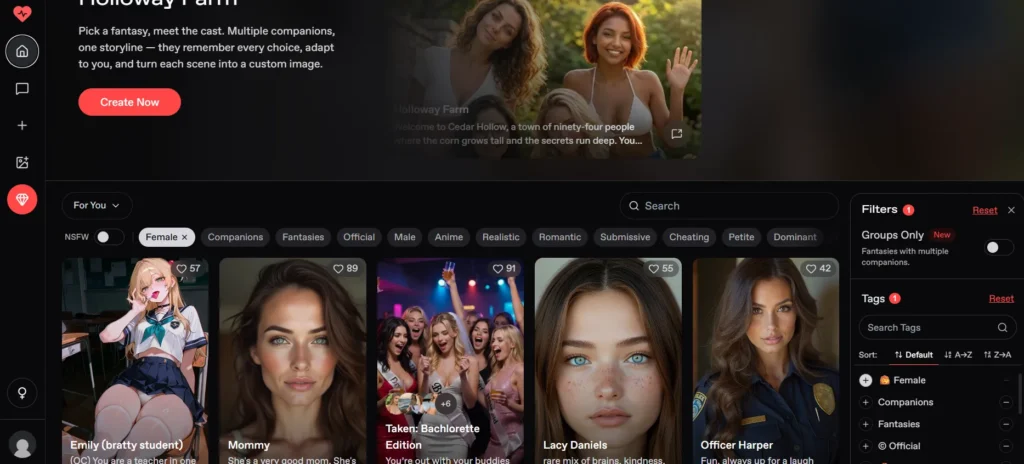 UI screenshot of the Nectar AI interface featuring a dark-themed homepage with story banner options, filter tags, and customizable character cards.