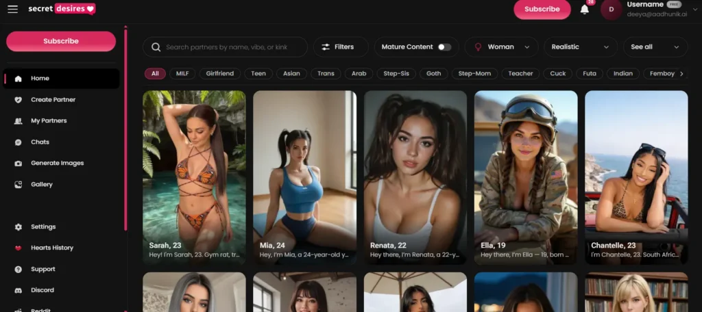 UI screenshot of the Secret Desires AI platform displaying a dark-themed homepage gallery with various selectable AI partner character cards and a left-hand navigation sidebar.