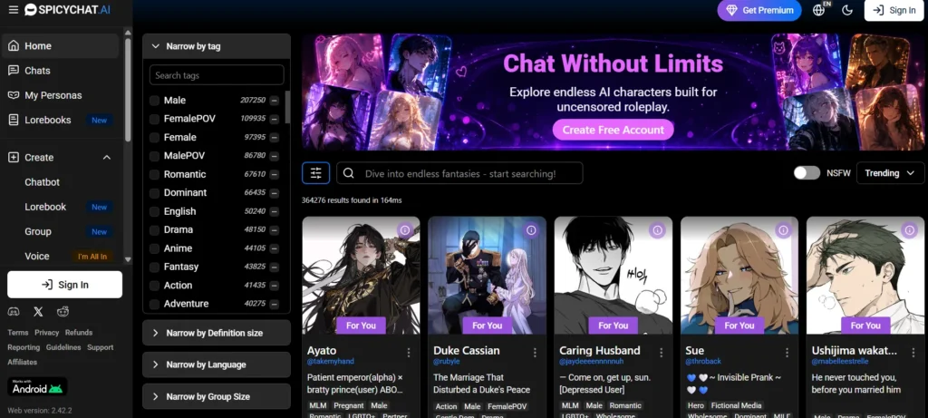 UI screenshot of the SpicyChat AI platform interface displaying character cards with tags, descriptions, and user options.
