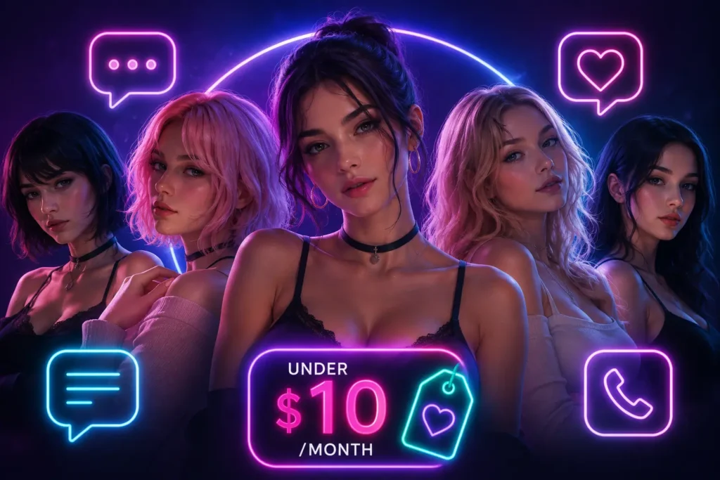 graphic featuring five stylized female AI avatars illuminated by neon purple and pink lighting, with a badge reading "Under $10 / month" alongside chat and voice call icons.
