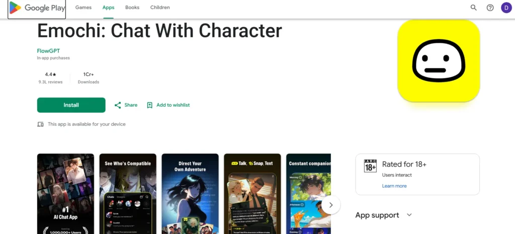 Emochi: Chat With Character app listing on the Google Play Store displaying app icon, screenshots, 4.4-star rating, and 18+ content rating.