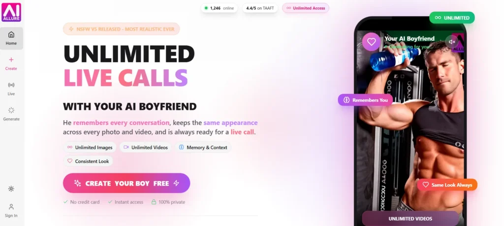 Erotic AI gay interface on AI Allure featuring male avatars, customizable live video call controls, and options to create an AI boyfriend with consistent facial memory.
