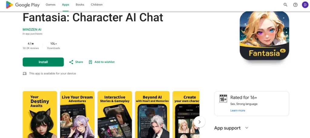 Fantasia: Character AI Chat app listing on the Google Play Store showing 4.1-star rating, app logo, feature screenshots, and 16+ content rating.