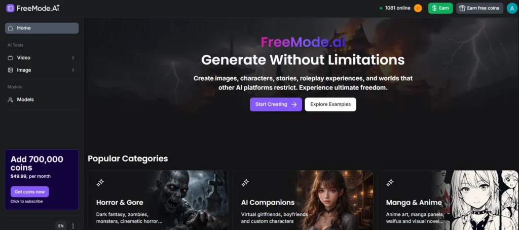 Screenshot of the FreeMode.ai homepage interface displaying the headline "Generate Without Limitations", navigation menu, coin options, and popular content categories like Horror & Gore, AI Companions, and Manga & Anime.