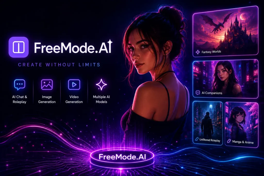 Alt Text An illustration of a woman using a smartphone in front of a glowing digital interface displaying the FreeMode.AI logo, chat features, and content options.