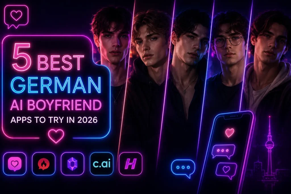 Illustration featuring virtual male AI companions and a smartphone screen displaying "5 Best German AI Boyfriend Apps to Try in 2026."