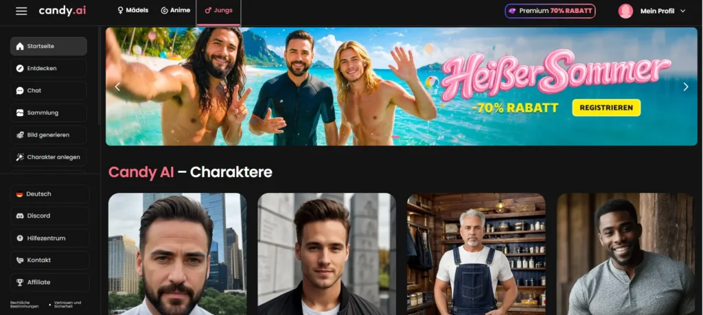 Screenshot of the Candy AI interface displaying customizable male German AI companions and promotional banner.