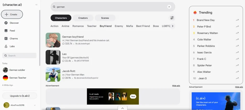 Character AI platform interface featuring a diverse library of user-created German AI companions.