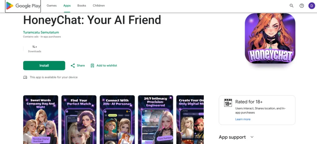 HoneyChat: Your AI Friend app listing on the Google Play Store showing screenshots, app logo, and an 18+ content rating.