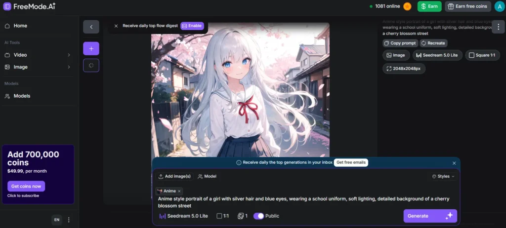 Screenshot of the FreeMode.AI image generation interface displaying an anime-style portrait of a girl with silver hair and blue eyes on a cherry blossom street, alongside generation settings like prompt details, model options, and resolution.