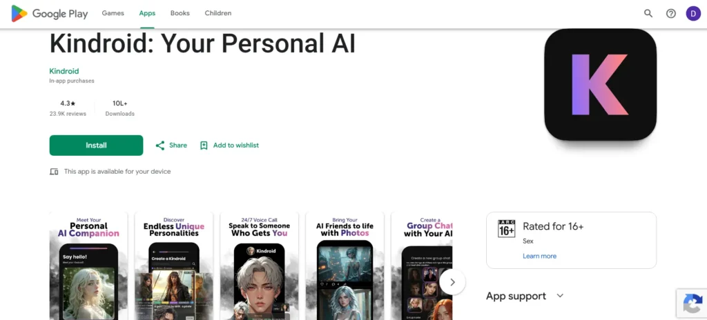 Kindroid: Your Personal AI app listing on the Google Play Store showing 4.3-star rating, app logo, feature screenshots, and 16+ content rating.