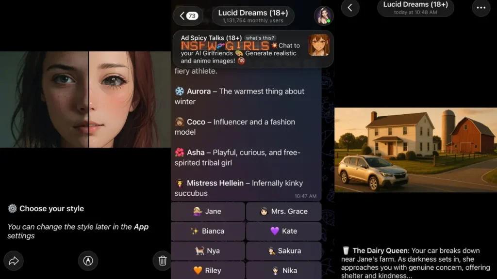 Interface screenshots of the Lucid Dreams Telegram mini app displaying style selection options (anime vs. realistic) alongside character profiles and story prompts.