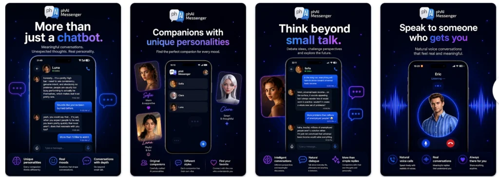 PHAI Messenger dashboard showing an AI conversation in a messaging interface.