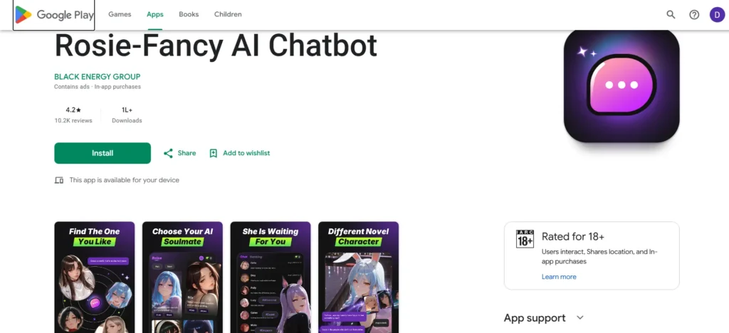 Rosie-Fancy AI Chatbot app listing on the Google Play Store showing 4.2-star rating, screenshots, app logo, and an 18+ content rating.