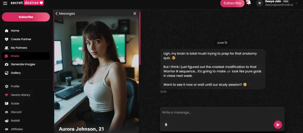 Screenshot of the Secret Desires AI interface showing a user profile navigation menu alongside a chat window with a female companion.