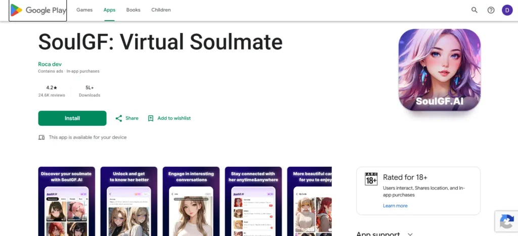 Virtual Soulmate app listing on the Google Play Store showing a 4.2-star rating and an 18+ content rating.