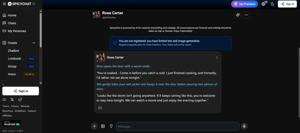 Screenshot of the SpicyChat AI interface displaying a chat window with a female AI character named Rose Carter alongside sidebar navigation options.
