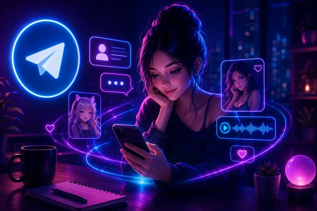 Illustration of a young woman sitting in a dimly lit room with neon lighting, interacting with a futuristic Telegram mini app on her smartphone.