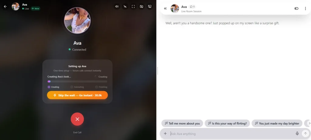 Screenshot of the aiAllure chat interface showing an AI companion named Ava connected in a Live Room session alongside text input and quick-reply suggestion buttons.