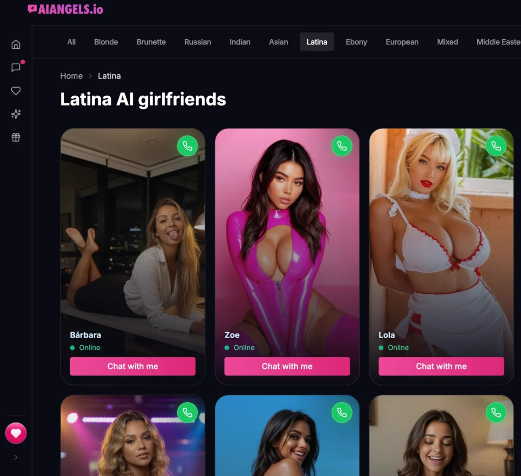 Screenshot of AI Angels page with three Latina AI girlfriend cards and Chat buttons.