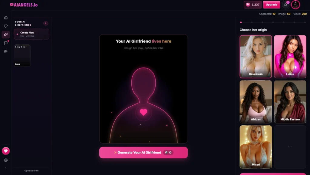 Caucasian AI companion on AI Angels.