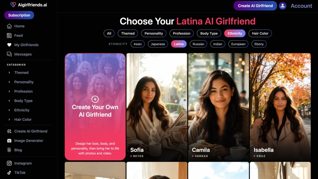 Screenshot of Aigirlfriends.ai Choose Your Latina AI Girlfriend page.