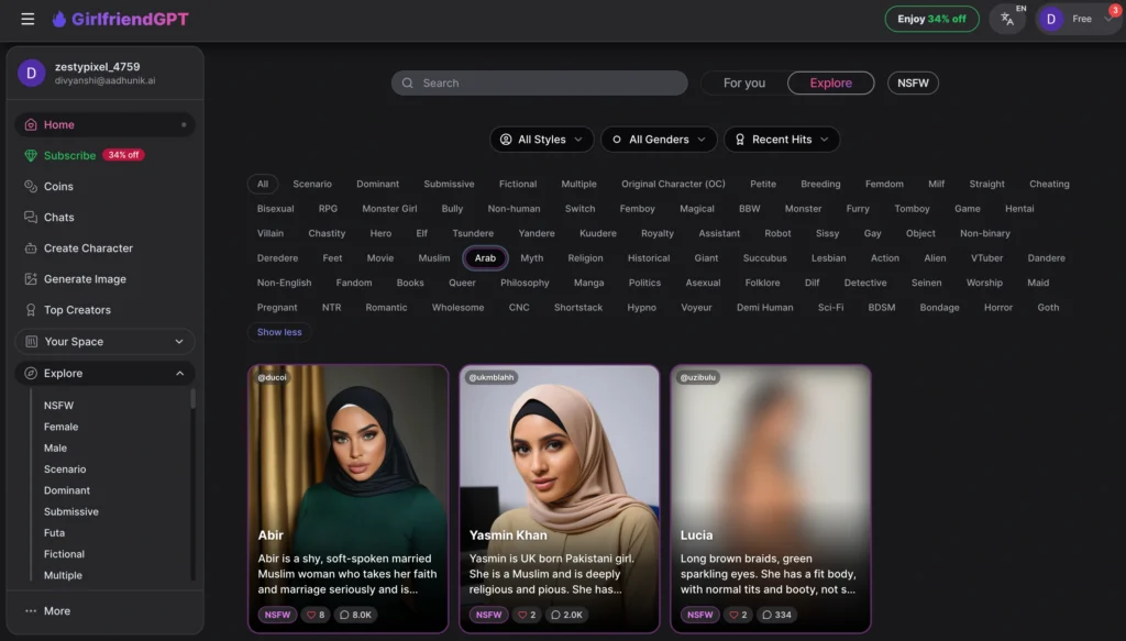 Arab AI companion from GirlfriendGPT for virtual relationship conversations.