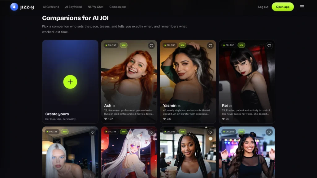 Dark-themed Jizzy.app page titled “Companions for AI JOI.” Green plus “Create yours” card on the left, followed by three companion cards: smiling red-haired Ash (21), Yasmin (45) with white-streaked hair, and Rei (29) with short black hair and red lipstick. All marked ONLINE/NEW with heart counts.