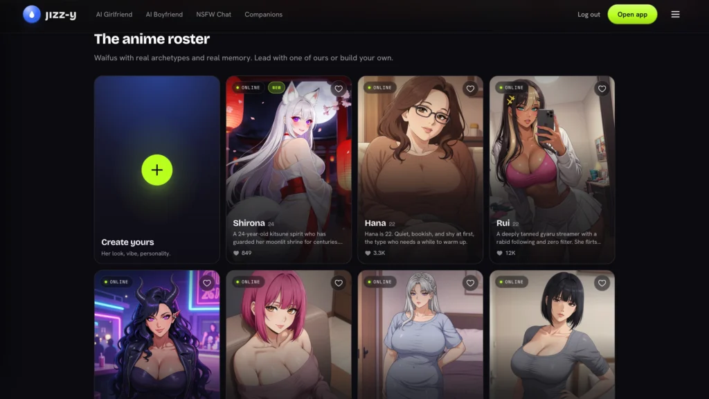 Jizzy.app anime roster page. Large green-plus “Create yours” card, then cards for Shirona (white-haired kitsune), Hana (glasses, brown hair), Rui (gyaru with phone), and lower-row anime characters including a horned demon girl, pink-haired woman, silver-haired woman, and short black-haired woman.
