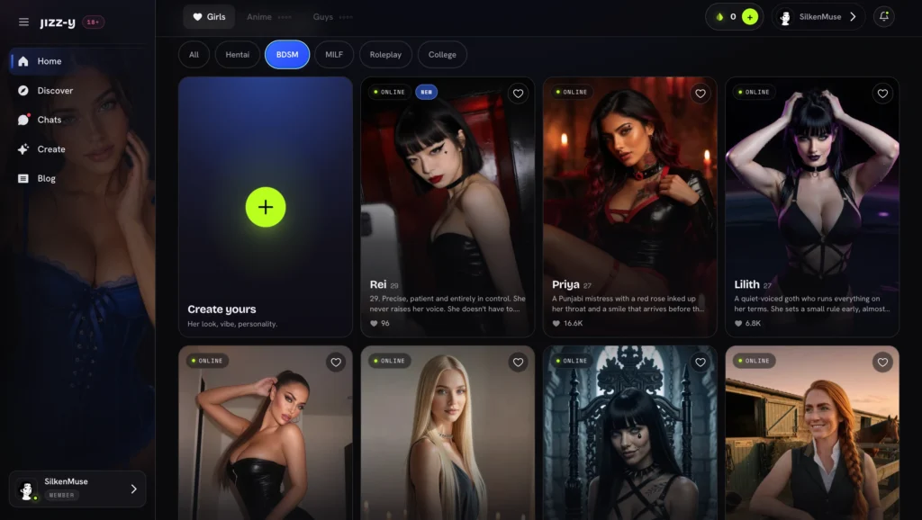 Jizzy.app interface with BDSM tab selected. Green-plus “Create yours” card, then companion cards for Rei (black leather, choker), Priya (red hair, leather outfit), Lilith (goth with hands on head), and lower-row women in black lingerie, blonde in black top, dark-haired woman on throne, and red-haired woman in riding attire.