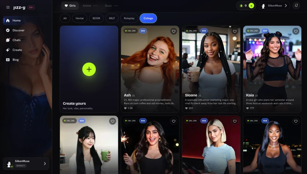 Jizzy.app College tab. Green-plus “Create yours” card, then Ash (red hair, freckles), Sloane (braids, iced coffee), Kaia (space buns, black top), and lower-row women including long black hair with green drink, sparkler, blonde in blue top, and smiling woman in black tank.