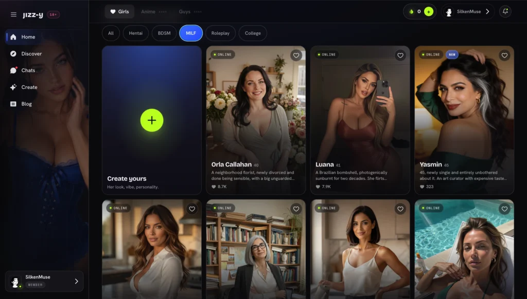 Jizzy.app MILF tab. Green-plus “Create yours” card, then Orla Callahan (40, dark hair, cardigan), Luana (41, red dress selfie), Yasmin (45, green top), and lower-row women including brown-haired in white shirt, grey-haired with glasses, dark-haired in white top, and poolside woman.