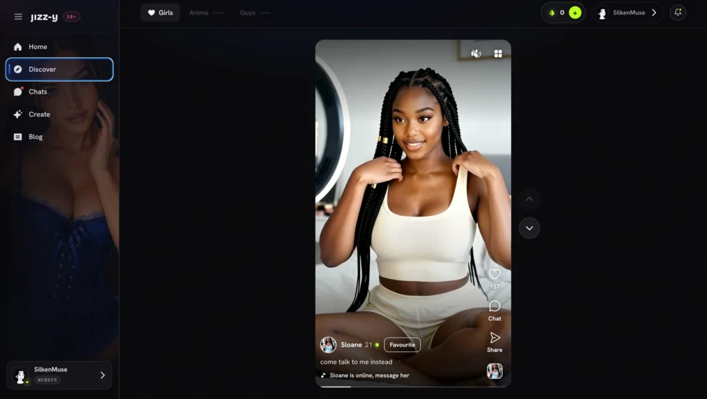 Jizzy.app Discover page. Full-height vertical card of Sloane (21, long black braids, white crop top and shorts) sitting with like/chat/share icons, “Favourite” button, and caption “come talk to me instead.” Sidebar navigation visible on the left.