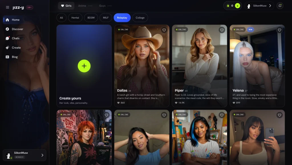 Jizzy.app Roleplay tab. Green-plus “Create yours” card, then Dallas (cowboy hat, checkered top), Piper (blonde, white sweater), Yelena (white hair, lingerie), and lower-row women including red-haired tattooed, Asian woman in blue top, blue-streaked hair artist, and dark-haired selfie.