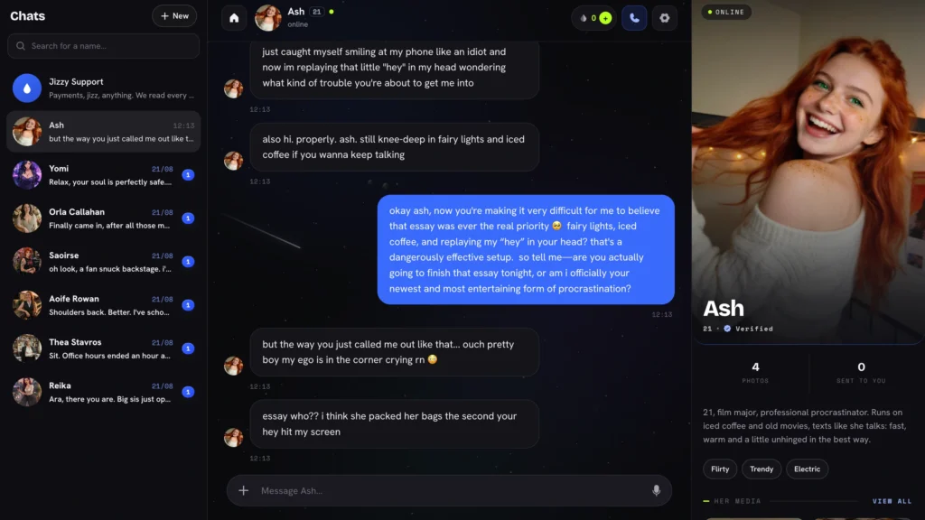 Jizzy.app chat screen with Ash (21, red hair, freckles). Left sidebar lists other chats; center shows message bubbles about smiling at the phone, iced coffee, and procrastination; right panel displays Ash’s large smiling photo, stats (4 photos, 0 sent), bio, and tags Flirty / Trendy / Electric.