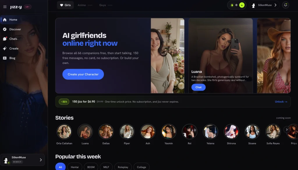 Jizzy.app home screen. Hero section “AI girlfriends online right now” with Create button and three companion previews (including Luana). Below: discount banner for 150 jizz, horizontal Stories circles, and Popular this week tabs (All, Hentai, BDSM, MILF, Roleplay, College). Sidebar shows navigation and a large blue-outfit character.