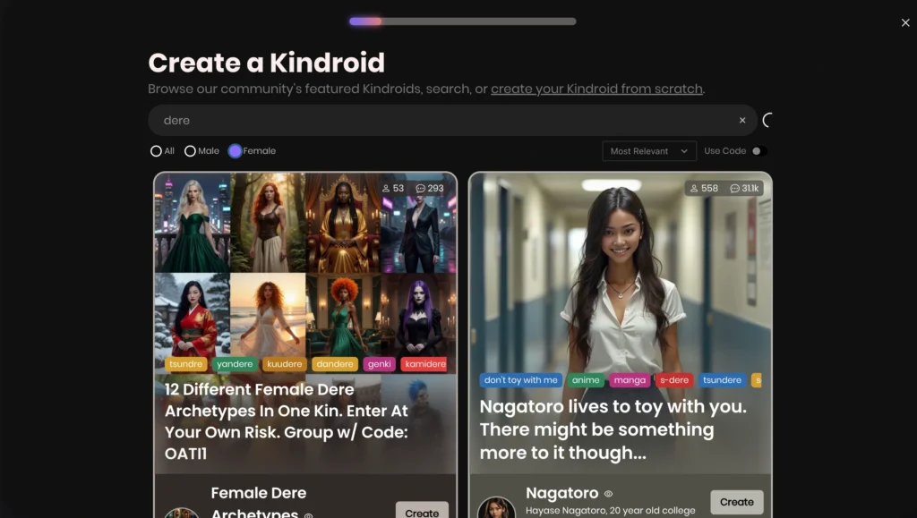 Kindroid AI anime character personality.