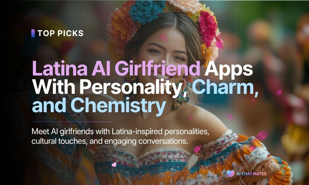 Smiling Latina woman in traditional dress with app text overlay